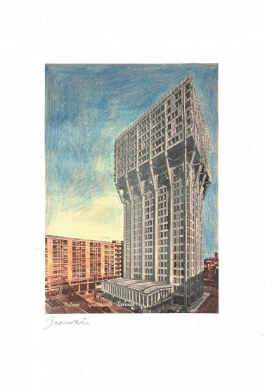 L’architettura appartiene al teatro - Andrea Branzi, TORRE VELASCA, 2023, mixed media pastel on print, cm. 29,7 x 42_02