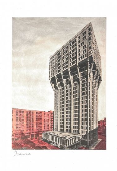 L’architettura appartiene al teatro - Andrea Branzi, TORRE VELASCA, 2023, Tecnica mista pastello e stampa, cm. 29,7 x 42_03