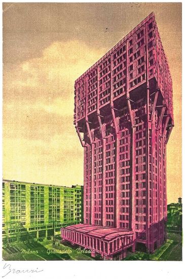 L’architettura appartiene al teatro - Andrea Branzi, TORRE VELASCA, 2023, Tecnica mista pastello e stampa, cm. 29,7 x 42_04