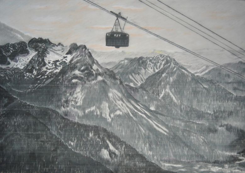 Paesaggi Italiani - Funivia del Furggen, pastello morbido su foglio plastificato opalino, 35x50 cm