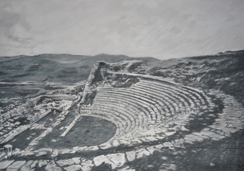 Paesaggi Italiani - Teatro greco, Segesta, pastello morbido su foglio plastificato opalino, 35x50 cm