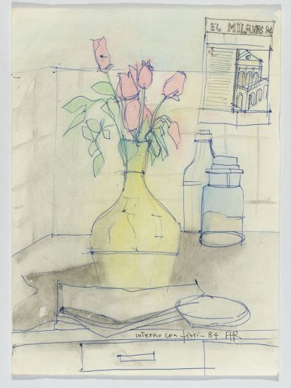 Autobiografia Poetica - Interno con fiori, Acquarello e penna su carta, 32.8x24 cm, 1984