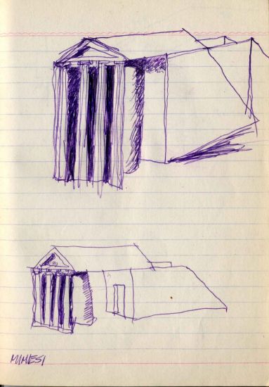 Pensieri instabili. Disegni e appunti di architettura dal 1974 - Mimesi. Biro viola su carta a righe    