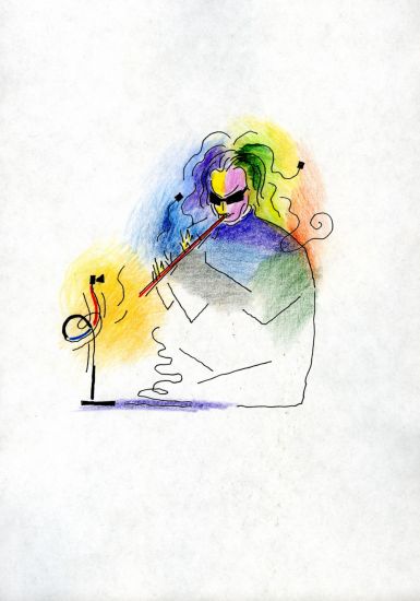 Alessandro Mendini - Ingo Maurer Incantatore, disegno per Abitare, matita colorata e pennarello, 2009, 29.7x21 cm