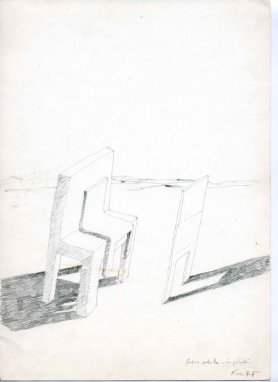 Pensieri instabili. Disegni e appunti di architettura dal 1974 - Sedia seduta che si alza in piedi, 1975. Matita su carta, cm 21x29 