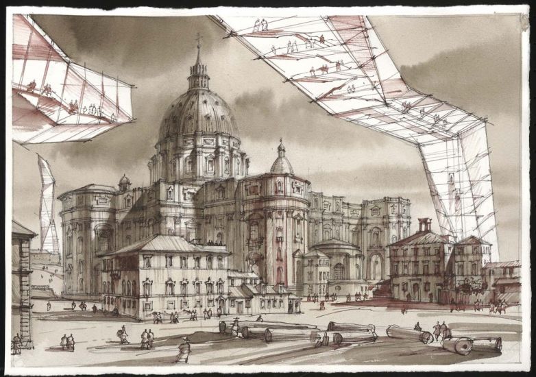 Den-City Urban Landscape - Sergei Tchoban, Fantasy to etchings by Piranesi, 2017, inchiostro, acquerelli e grafite su carta, cm 33x47