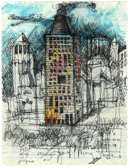 Autobiografia Poetica - Studio per una torre, matite colorate, pennarello su carta, 19x24.6 cm, 1994