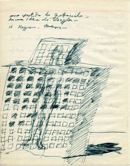 Pensieri instabili. Disegni e appunti di architettura dal 1974 - Uomo vestito da grattacielo. Inchiostro verde su carta a righe 