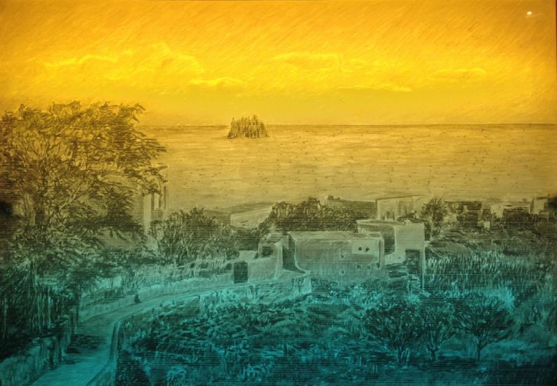 Paesaggi Italiani - Via Vito Nunziante e lo Strombolicchio, Stromboli, pastello morbido su foglio plastificato opalino, 35x50 cm